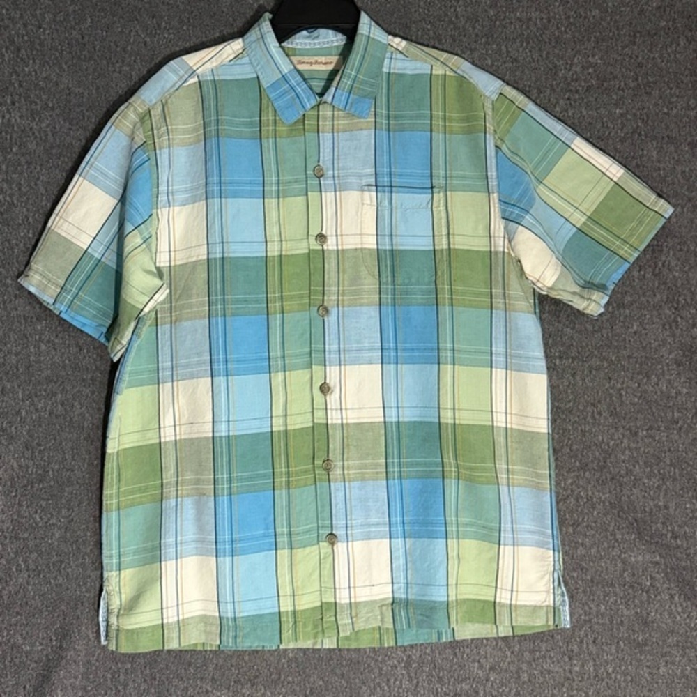Tommy Bahama Men Blue and Green Checkered Shirt Sz M
